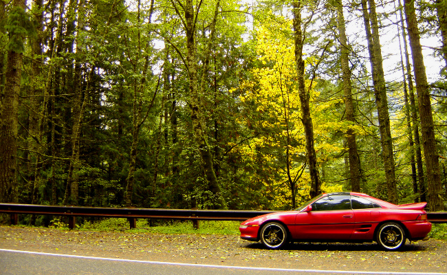 contrasting red MR2 with green natural background