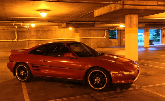 MR2 in parking garage, passenger side